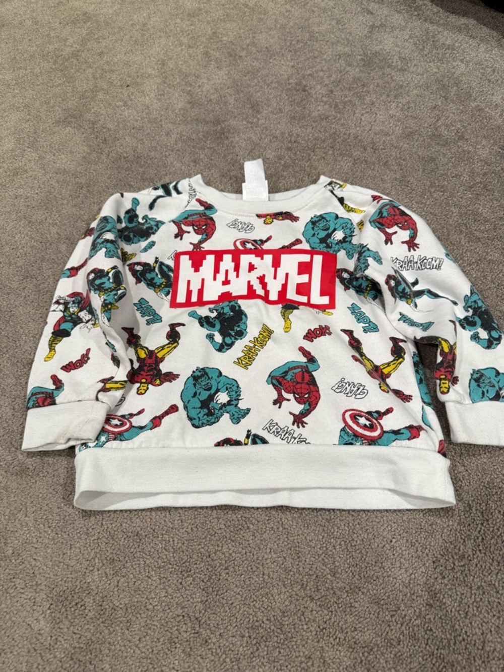 Marvel White Tee with Red, Blue and Yellow Superhero Accents